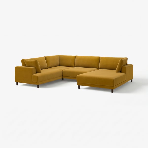 Senfgelbes UPPÅKRA-Ecksofa, modernes Design mit weichen Kissen, Holzbeinen.