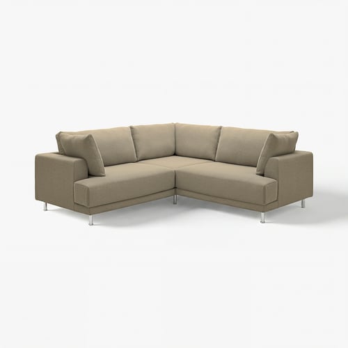 Modernes, l-förmiges beiges UPPÅKRA-Ecksofa mit klarem Design, großen Kissen, Metallbeinen und strukturiertem Stoff.