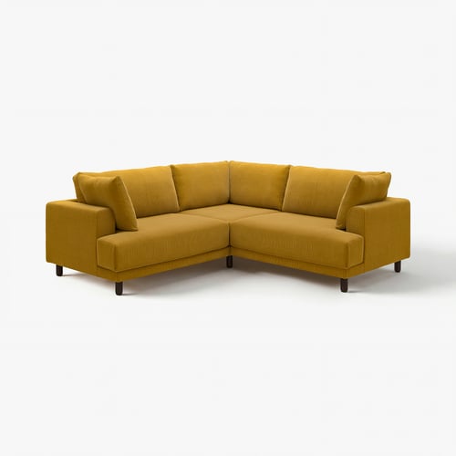 Ein leuchtend gelbes UPPÅKRA-Ecksofa mit tiefen Kissen, modernes und einladendes Design.