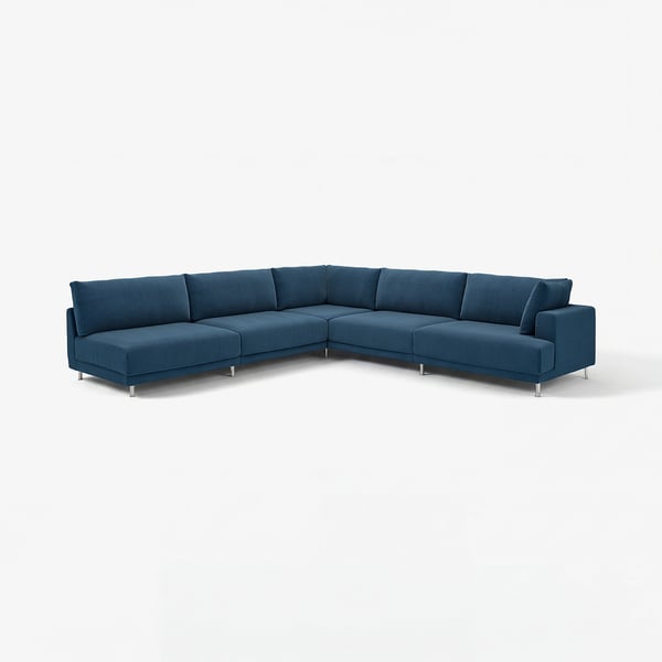 UPPÅKRA blaues Ecksofa, modernes Design mit tiefen Polstern, Chrombeinen.