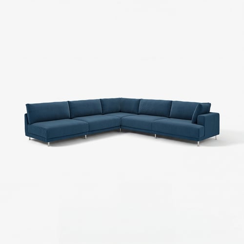 UPPÅKRA blaues Ecksofa, modernes Design mit tiefen Polstern, Chrombeinen.