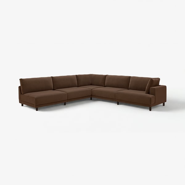 Braunes l-förmiges UPPÅKRA-Sofa mit weichen Kissen, modernem Design und Holzbeinen.