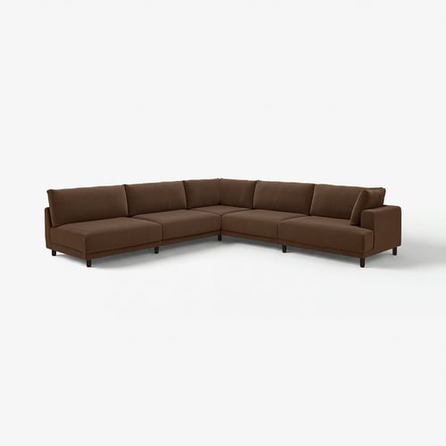 Braunes l-förmiges UPPÅKRA-Sofa mit weichen Kissen, modernem Design und Holzbeinen.