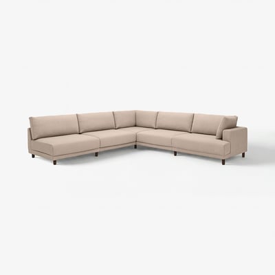 Beige UPPÅKRA-Ecksofa mit weichen Kissen und dunklen Holzbeinen.