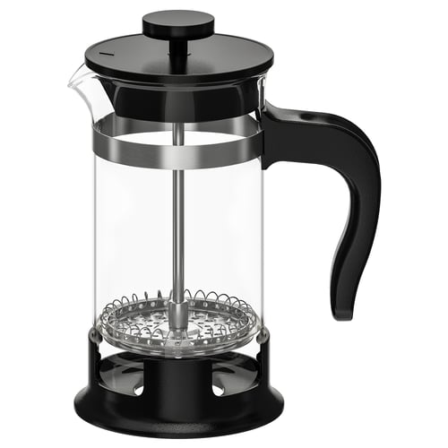 UPPHETTA schwarze Kaffee-/Teemaschine. Glasgefäß, Kunststoffgriff, Edelstahlfilter, steht auf schwarzem Sockel.