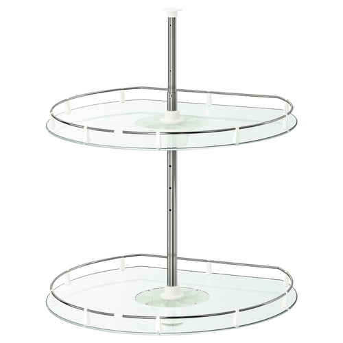 Ein zweistöckiger, drehbarer Regal-Organizer aus klarem Glas von UTRUSTA für Eckschränke.