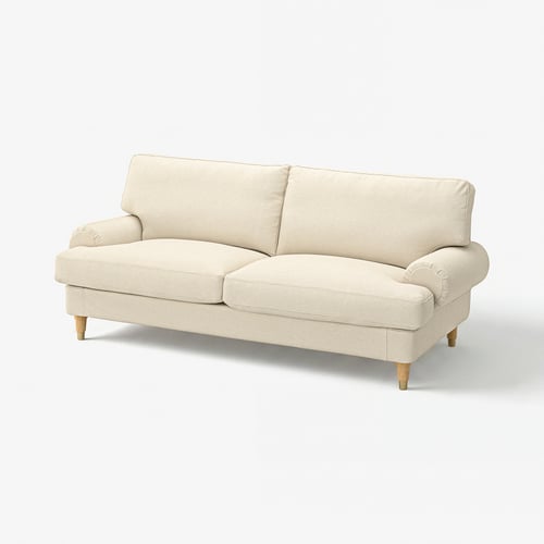 Hellbeige VALNÄS-Sofa, modernes klassisches Design, Holzbeine, recycelter Stoff.