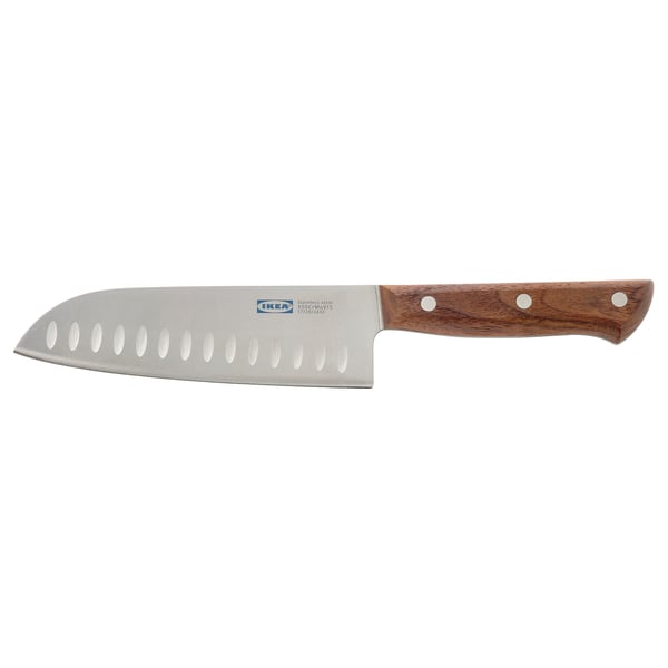 Ikea VARDAGEN Messer, Griff aus dunklem Nussbaum, Klinge aus Edelstahl mit Vertiefungen, ausgewogenes Design, 15 Jahre Garantie.