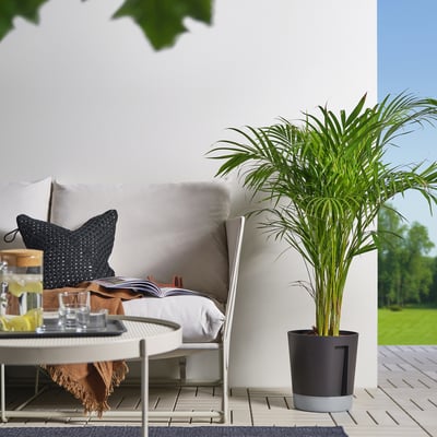Terrasse mit VÅRDTRÄD-Möbeln unter strahlendem Himmel.