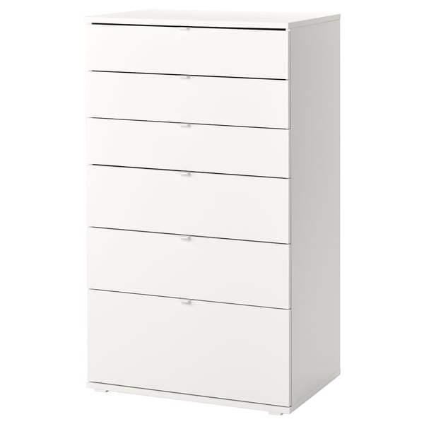 Weiße VIHALS Kommode mit fünf Schubladen, schlankes Design, Spanplatte mit Sicherheitsankern.