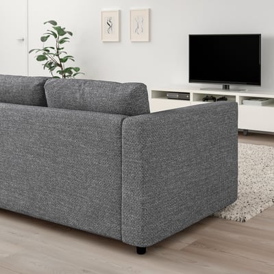 Modernes graues VIMLE Schlafsofa, schlank und geräumig, mit TV-Ständer.