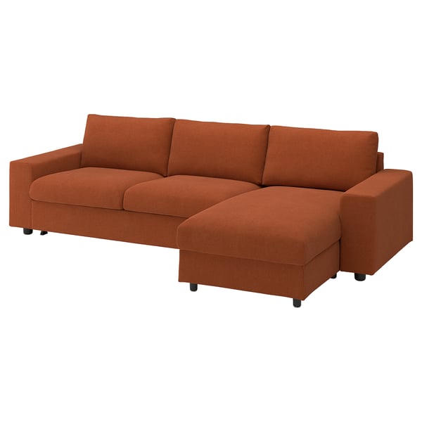 VIMLE 3er-Bettsofa mit Récamiere, mit breiten Armlehnen/Mosshed rotbraun