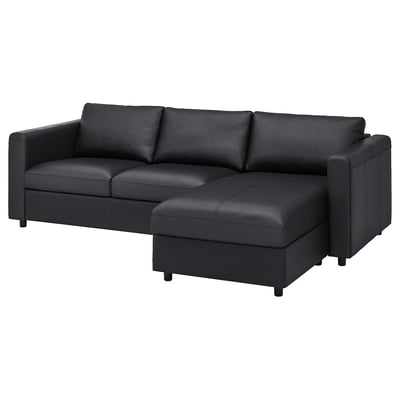 Schwarzes L-förmiges VIMLE-Sektionssofa, schlankes, modernes Design mit Stauraum, Leder- und Stoffbezug.