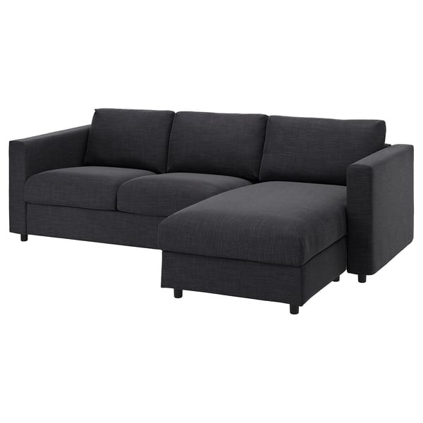 Das Sektionssofa VIMLE ist dunkelgrau und verfügt über eine linke oder rechte Chaiselongue mit weichen Kissen und einem Staufach.
