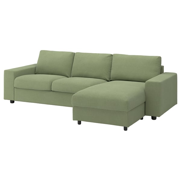 VIMLE 3er-Sofa mit Récamiere, mit breiten Armlehnen/Mosshed graugrün