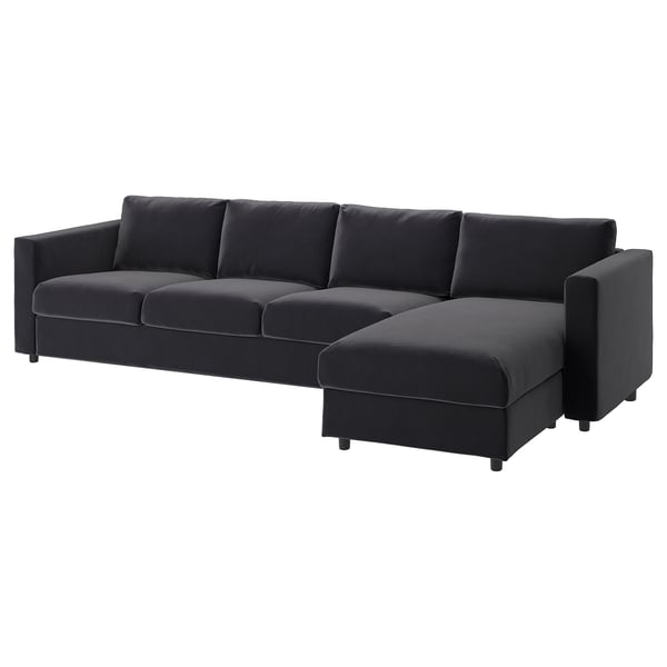 Ein graues Sektionssofa VIMLE mit Chaiselongue in modernem Design und dunklem Stoff.