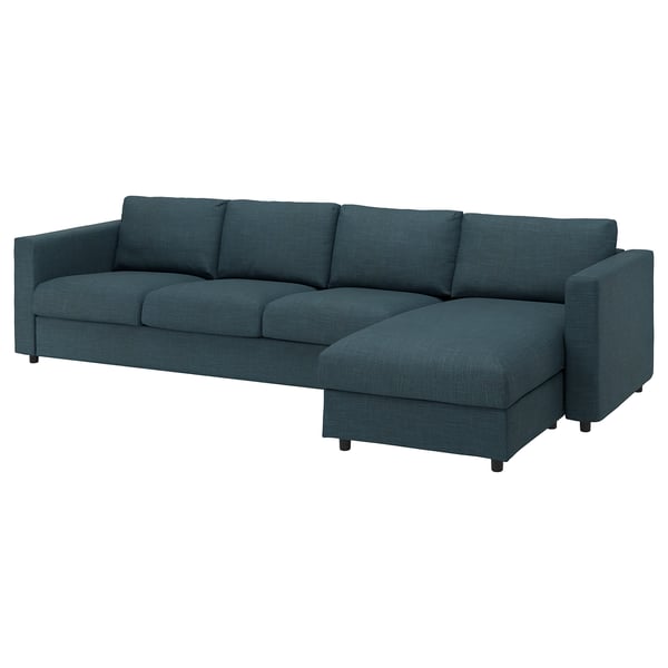 VIMLE Sofa: blaugrün, L-förmig, Stoffbezug mit dunklen Holzbeinen.