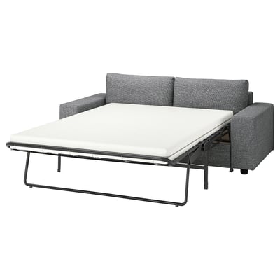 Graues VIMLE-Schlafsofa mit weißer Matratze, strukturiertem Stoff, modernem Design.