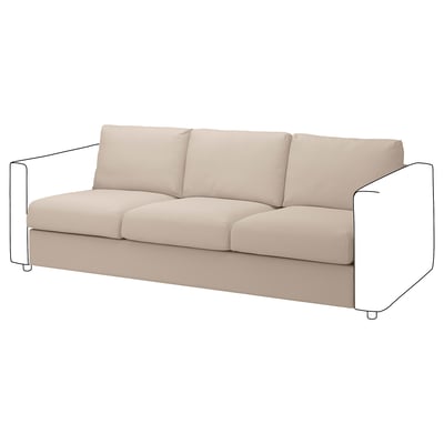 Ein beiges VIMLE-Sofa mit geraden Linien, drei Kissen und Metallbeinen.