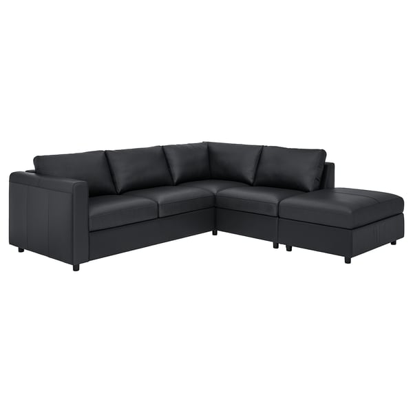 VIMLE L-förmiges Sofa aus schwarzem Leder: modernes, schlankes Design mit Chaiselongue und Kissen