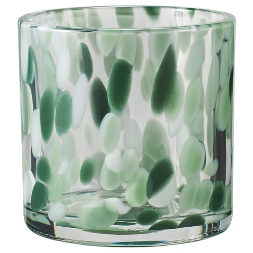 VINDSTILLA: handgefertigter Kerzenhalter aus Glas mit grünem, mattiertem Blasendesign. Runde Form, transparent mit dekorativem Muster.