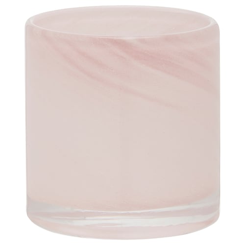 Rosafarbener, zylindrischer Teelichthalter aus Glas mit marmoriertem Design. Handgefertigt für einen einzigartigen Look.