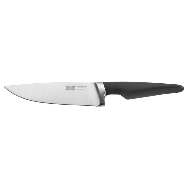 Ein VÖRDA-Messer, silber mit schwarzem Griff, mit rostfreier Klinge, bequemem Griff und robuster Ausführung.