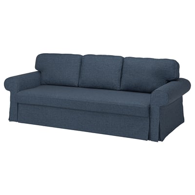 VRETSTORP blaues Schlafsofa, schlankes Design, 3-Sitzer, modern, marineblau, Stoff, Rollarme, 10 Jahre Garantie.