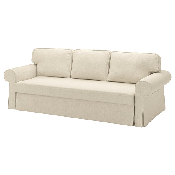 Ein beiges VRETSTORP-Sofa mit zusammengerollten Armlehnen, bezogen mit weichem, meliertem Stoff aus recyceltem Polyester.