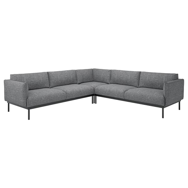 Grey ÄPPLARYD sectional sofa, modern design with sleek metal legs, plush cushions.