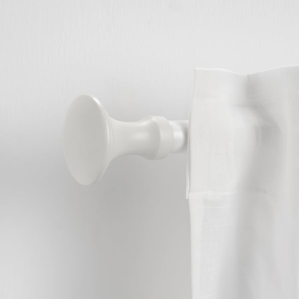 BÄCKRADULA white curtain finial. Small, elegant, round design, made of wood, fits on curtain rod.