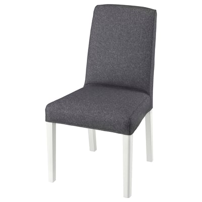 Modern BERGMUND chair, grey fabric, white legs, square shape, comfy & stylish.