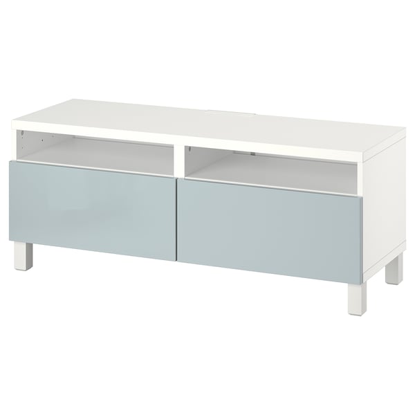 White and light grey BESTÅ tv stand with two drawers and open compartments.