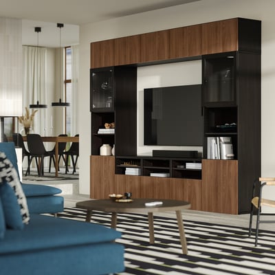 BESTÅ TV storage combination/glass doors, black-brown Lappviken/brown walnut effect, 300x42x231 cm