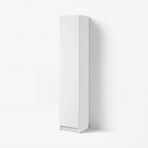 White BILLY bookcase, tall, rectangular, single door, stands alone, minimalist design, simple storage.