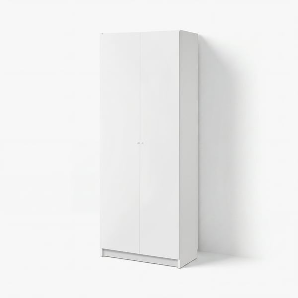 A white BILLY bookshelf, a modern minimalist design with a tall rectangular shape and flat surfaces for storage.