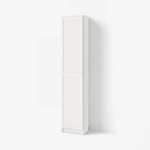 White BILLY bookcase, tall and slim, one door, simple design.