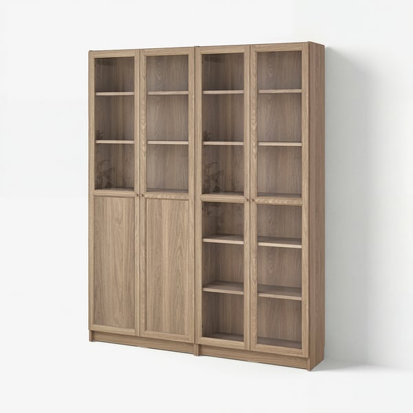 A BILLY bookcase, light brown, with wooden construction and multiple glass doors.