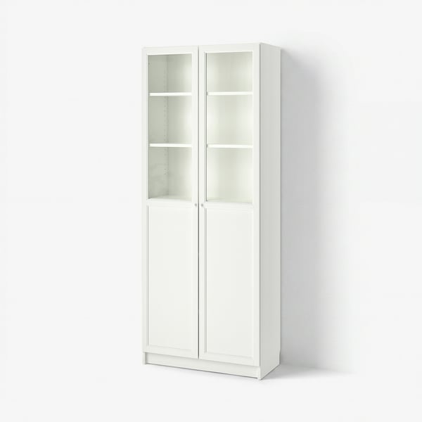 A white BILLY bookcase with glass doors. It stands tall, rectangular, with four shelves inside. The design is simple and modern, ideal for storage.