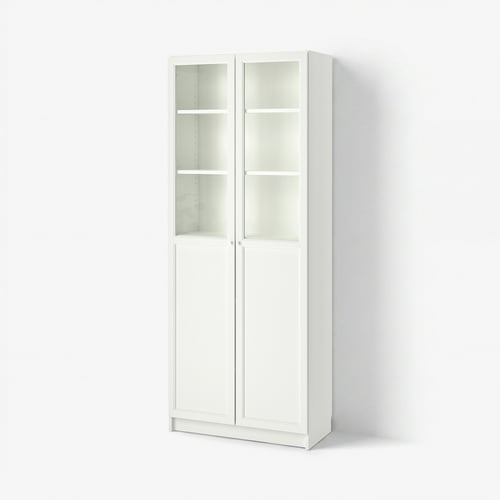 A white BILLY bookcase with glass doors. It stands tall, rectangular, with four shelves inside. The design is simple and modern, ideal for storage.
