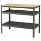 BROR work bench. Green metal base with wooden shelves; sturdy, versatile.