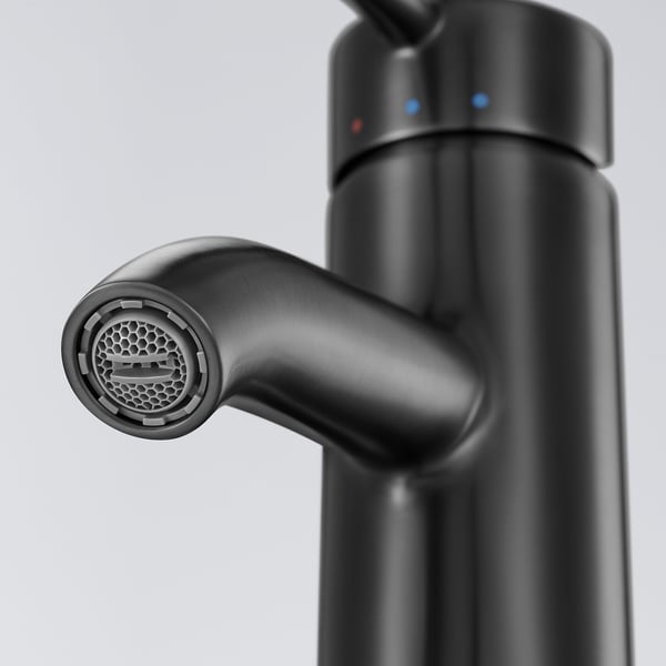 Modern black tap with sleek design, featuring a curved spout and metallic finish, indicating high quality and durability.