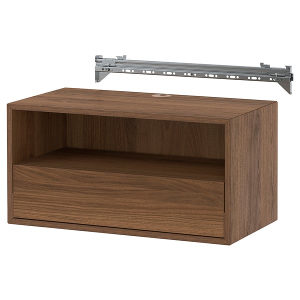 An EKET brown wall-mounted storage unit with a metal suspension rail. It has open compartments and sleek design.
