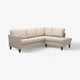 Beige ekholm sofa, 4-seat corner shape. Upholstered in soft fabric, it rolled arms and wooden legs.
