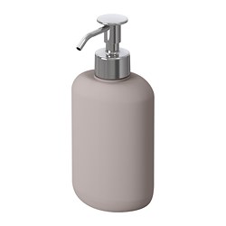 A grey EKOLN soap dispenser. It a sleek, rounded design with a chrome pump. Made of stoneware and stainless steel, it fits well in modern bathrooms.