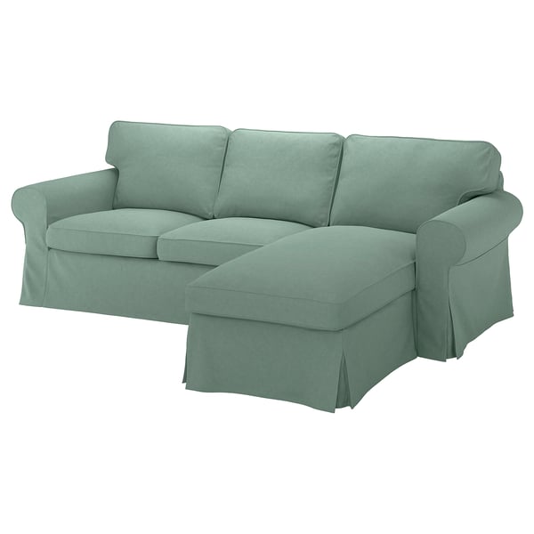 EKTORP sofa: turquoise l-shaped, polyester-cotton, plush, with rolled arms and reversible cushions.