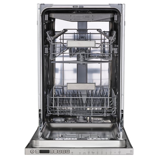 Open stainless steel dishwasher with 3 racks, empty, ready for load.
