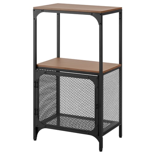 The FJÄLLBO rustic shelving unit, featuring a black metal frame with an open mesh back and two wooden shelves.