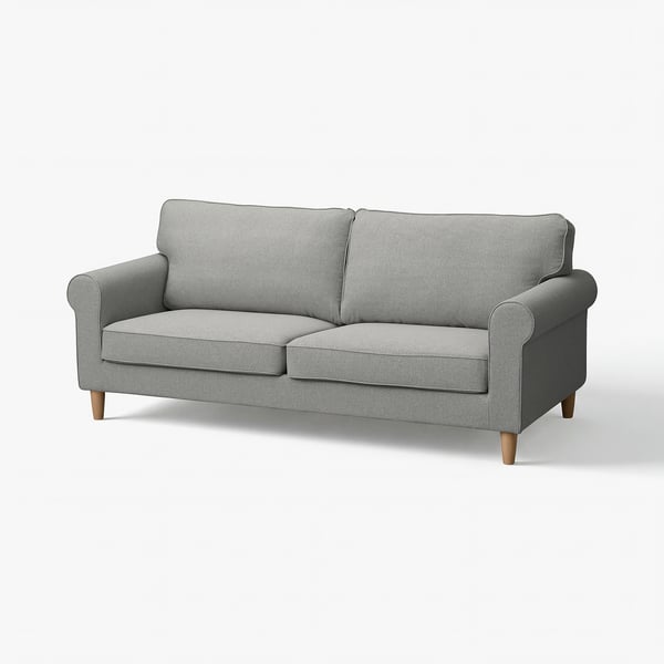 A GÄLLTOFTA light grey fabric sofa with rolled arms and wooden legs.