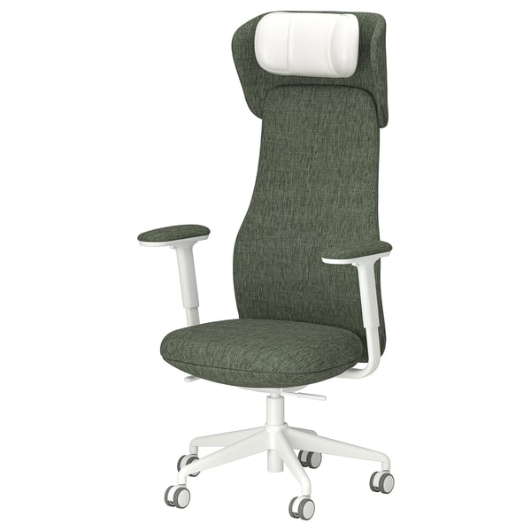 Green office chair with white accents, high back, adjustable armrests, casters.